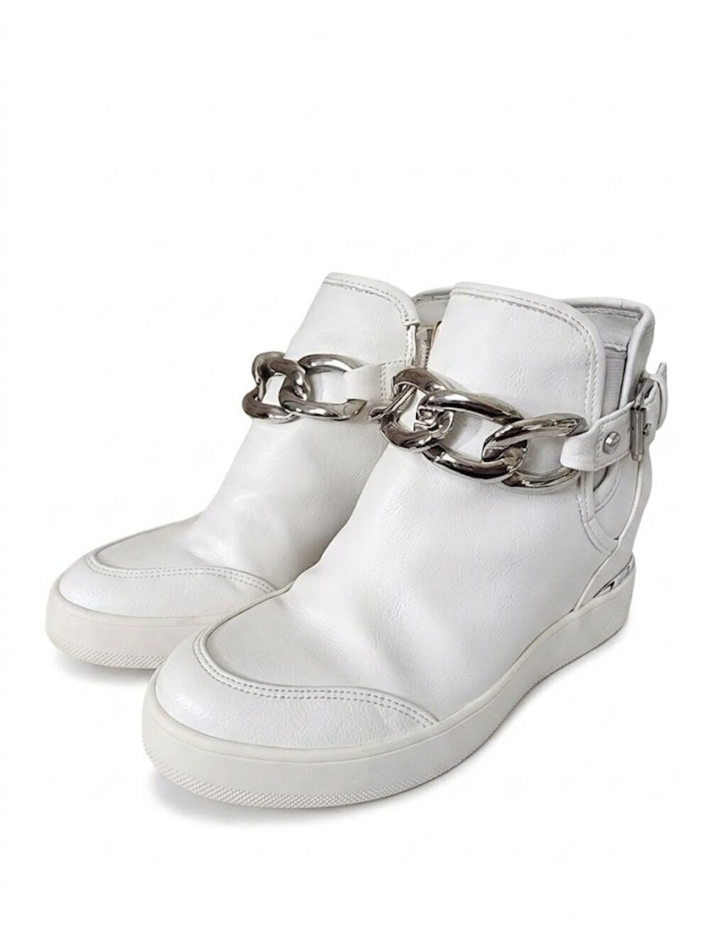 Aldo White Leather Chain-Link Sneakers - Size 6 - Silver Detail